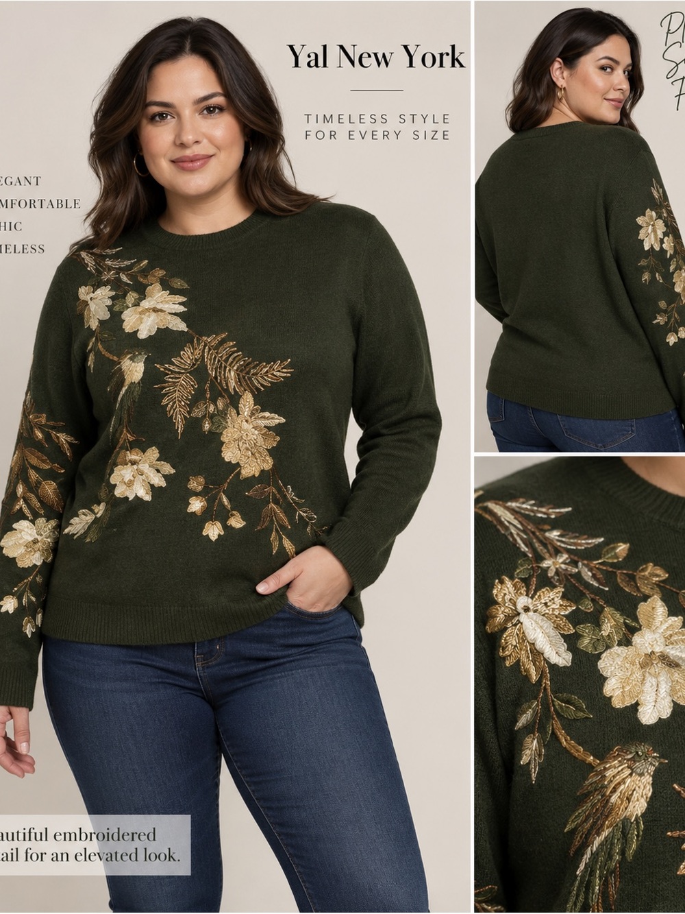 Yal New York Olive Green Gold Floral Embroidered Sweater Plus 1X NWT
